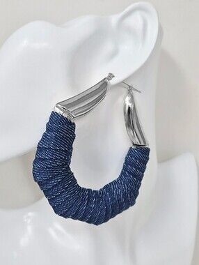 Silver Blue Denim Fabric Wrapped Abstract Bamboo Doorknocker Hoop Earrings Cute